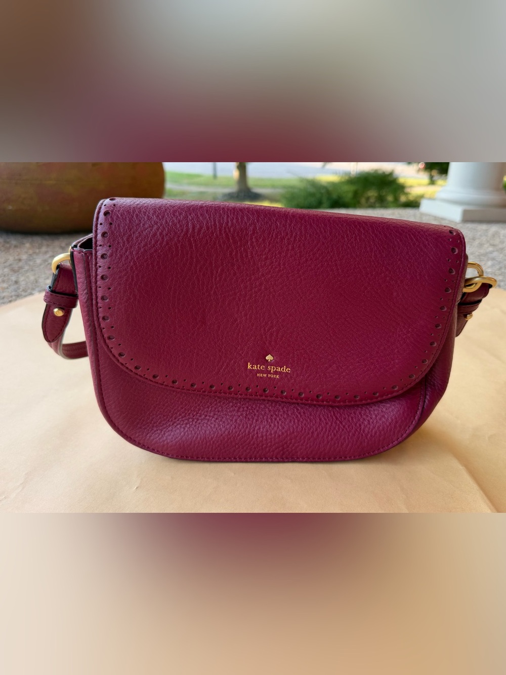 Kate Spade Burgundy Pebbled Leather Perforated Flap Crossbody w/ Double Tassels